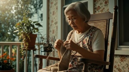 Elderly Woman Knitting on Porch in Rocking Chair