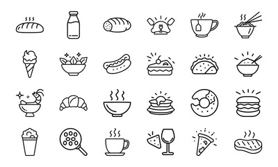 Minimal Line Art Food and Drink Icon Set Featuring Bread, Beverages, Desserts, Meals, Snacks, and Cutlery on White Background for Restaurant and Culinary Design Projects