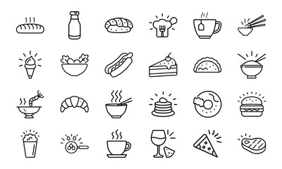 Minimal Line Art Food and Drink Icon Set Featuring Bread, Beverages, Desserts, Meals, Snacks, and Cutlery on White Background for Restaurant and Culinary Design Projects