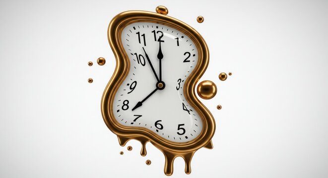 Surreal perception of time depicted by a melting clock with golden liquid effect on white background