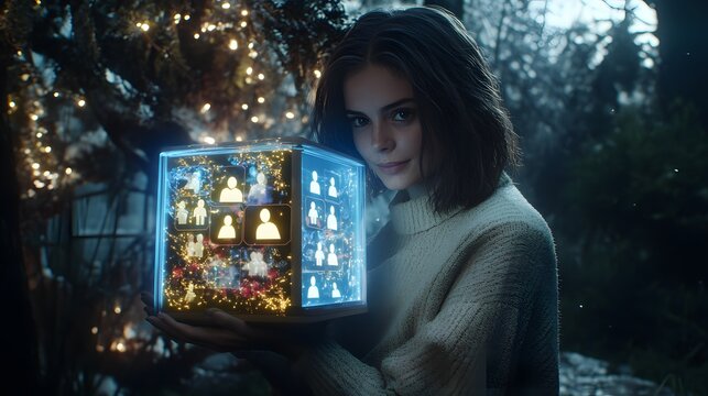 Woman holding a glowing cube with digital user icons. - Powered by Adobe