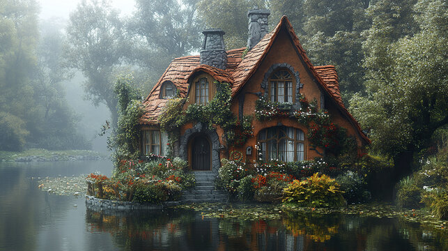 Cozy cottage with stone chimney and red roof surrounded by lush garden and calm water, creating peaceful and dreamy atmosphere in misty forest setting