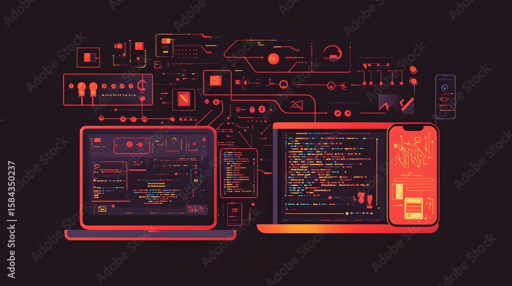 Poster connected devices displaying digital interface elements.