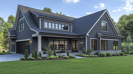 Obraz premium Modern gray house exterior with large windows and landscaped garden under blue sky, peaceful suburban home with green lawn and outdoor seating area