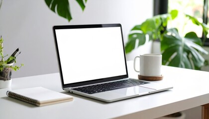 Laptop with blank screen sits on a minimalist white desk amongst plants and a coffee mug.