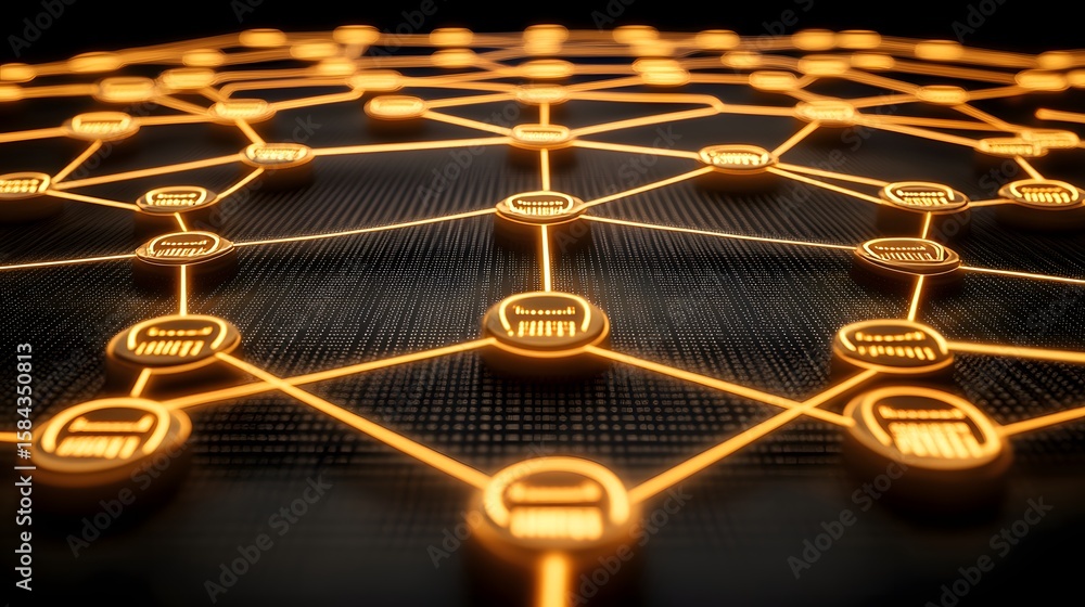 Poster network of interconnected nodes with glowing symbols.