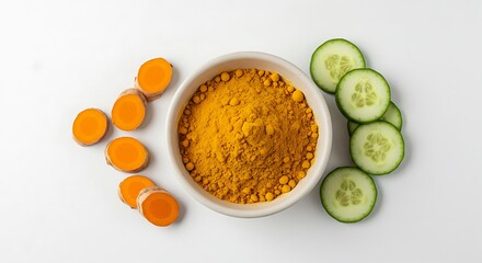 Fresh Sliced Cucumber, Carrot, and Turmeric on White Background