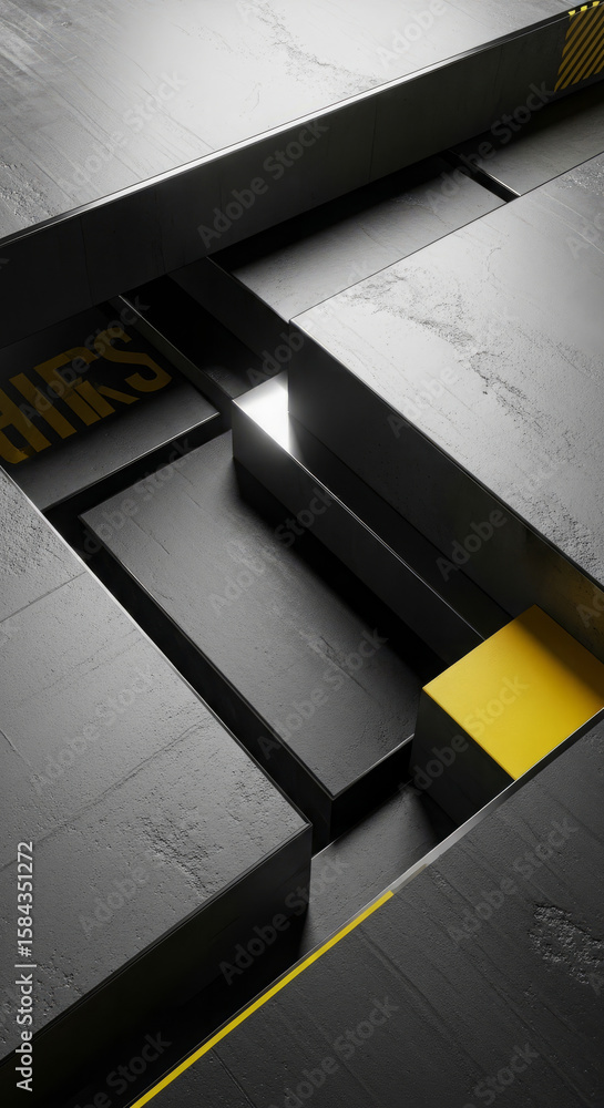 Poster abstract geometric design with dark gray and yellow blocks, showcasing a complex layered structure.