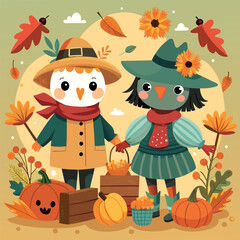 Fototapeta premium Cute scarecrows holding a basket of autumn leaves and pumpkins