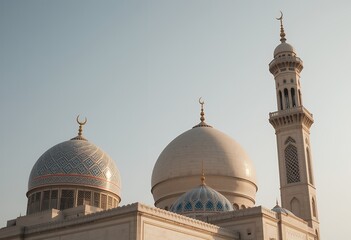 Obraz premium Majestic mosque architecture featuring intricate domes and tall minaret under clear sky