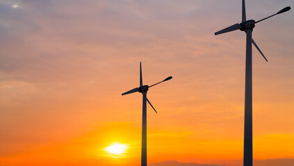 Wind mill power energy farm generator renewable sustainable field on suset, environment eco system...