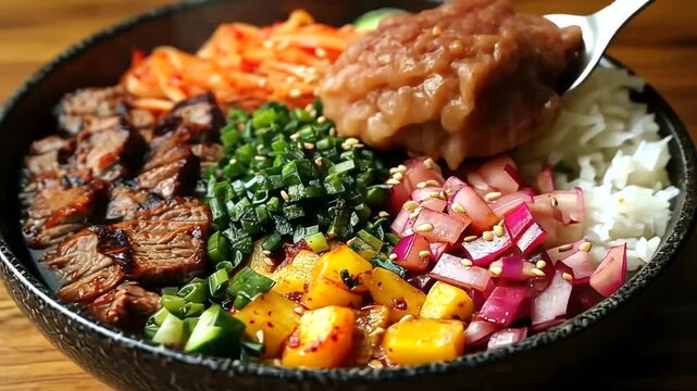 Delicious and vibrant Korean bibimbap bowl with marinated beef and fresh vegetables