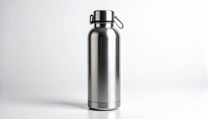A sleek, stainless steel water bottle stands upright against a plain white background.