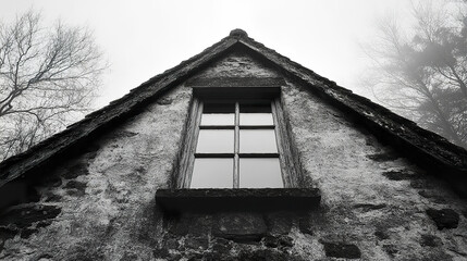 Old house window with wooden frame on textured wall under pitched roof in foggy weather with bare tree branches creating mysterious and eerie atmosphere in black and white photography