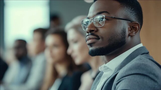 African American man with glasses attending a business meeting, looking at the audience.