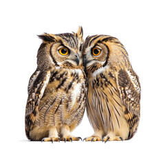 Naklejka premium Owl interacting Two owls sit close together or face each other, engaged in social behavior. full length isolate on transparent background