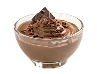 Decadent chocolate mousse dessert topped with shaved chocolate in clear glass bowl for delicious treat