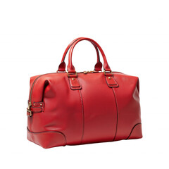 Red Leather Duffel Bag Featuring Gold Zipper and Handles Displayed