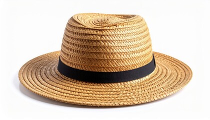 A close-up studio shot of a straw fedora hat with a brown band.