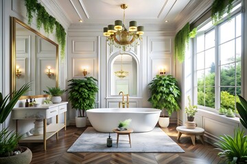 Luxurious spa like bathroom with lush greenery a freestanding tub and elegant gold accents
