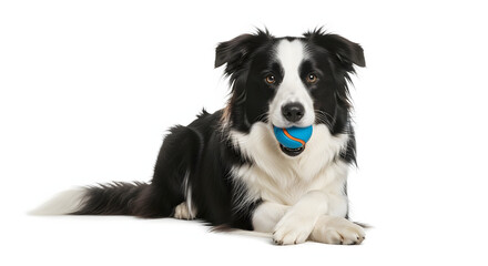 Fototapeta premium Playful Canine with Toy: A striking border collie, its coat a striking combination of black and white, lounges with relaxed composure, a vibrant ball held gently in its mouth.