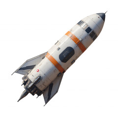 Retro Rocket Launching with Orange and Black Stripes in Futuristic Setting