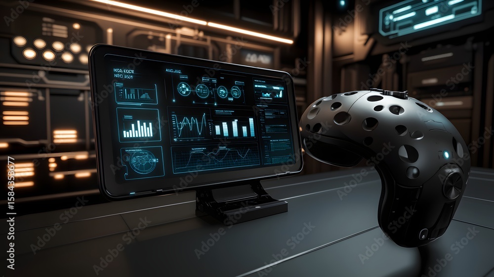 Poster futuristic vr headset displayed on a table with digital interface.