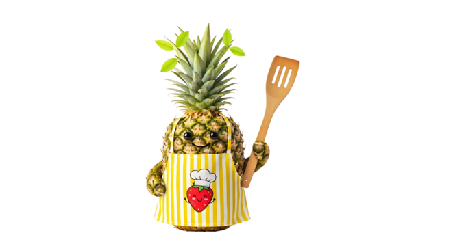 Cute Pineapple Character Wearing Apron Holding Cooking Spatula in Transparent Background