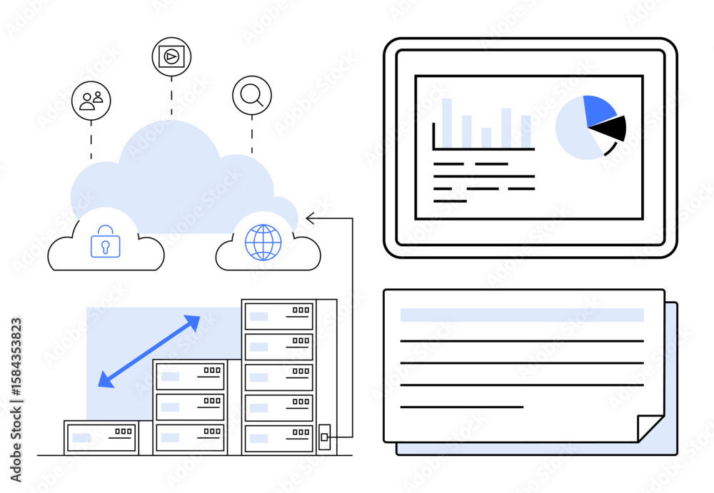 Poster cloud storage connected to servers, analytics dashboard with charts, security lock, user icons. idea