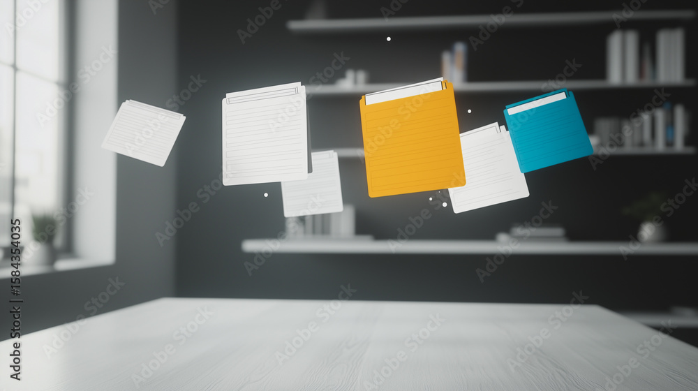 Poster data organization: floating folders and files, symbolizing organization and efficient information ma
