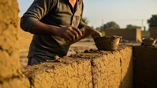 Construction worker carefully builds a traditional mud house with sun-dried bricks