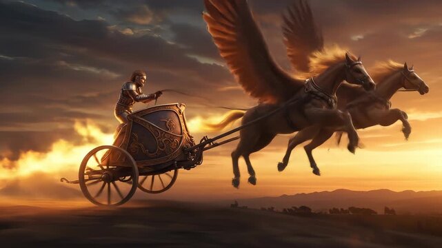 Epic Flight: A Majestic Chariot Pulled by Winged Steeds Soaring Above Ancient Lands