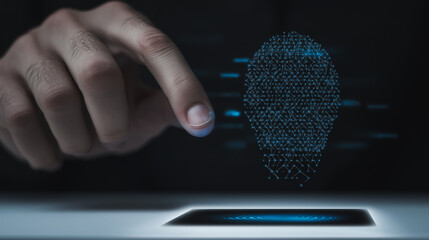 Futuristic Touch: A close-up of a person's finger interacting with a digital representation of a fingerprint, suggesting cutting-edge security and technology.