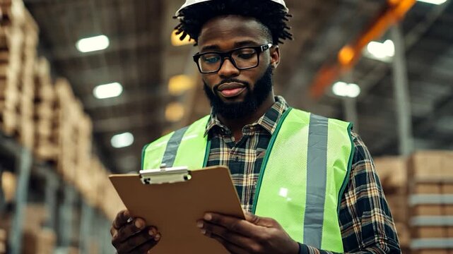 Warehouse worker reviewing documents