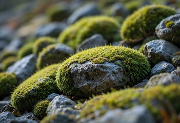Close-up of vibrant green moss covering grey rocks, showcasing nature's resilience and beauty in a rocky landscape.