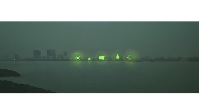 City skyline at dusk with digital interface overlay.