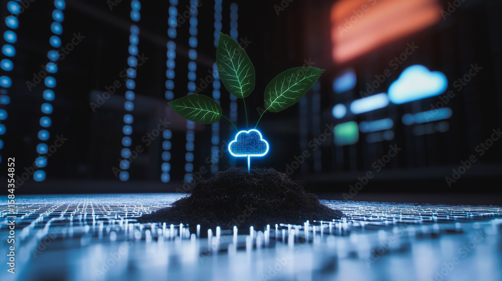 Poster tech cloud growth: a symbolic representation of the dynamic interplay between nature and technology,