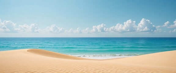 Serene coastal landscape with gentle waves meeting sand dunes under a clear blue sky and fluffy clouds.