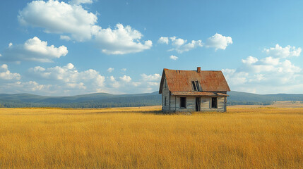 Abandoned wooden house with rusty roof stands alone in vast golden grass field under blue sky with scattered clouds and distant mountain range, evoking peaceful solitude