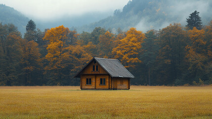 Cozy wooden cabin stands alone in vast golden field surrounded by autumn forest with colorful orange leaves and misty mountain background creating peaceful mood