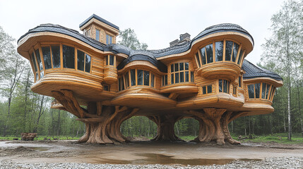 Wooden treehouse with large windows and curved roof stands elevated on thick tree trunks in forest, creating magical and whimsical atmosphere for visitors to enjoy nature