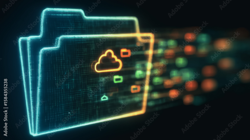 Poster cloud data transfer: neon glowing folders and cloud icon symbolizing seamless data transfer and clou