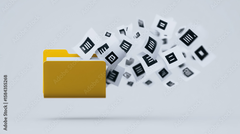 Poster digital filing and organization: an artistic representation of file management. a yellow folder hold