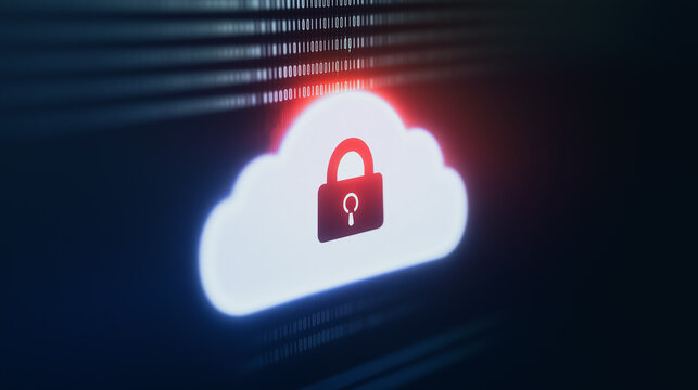 Cloud Data Security: Conceptual imagery of a digital cloud icon with a padlock, representing data security, data protection, and cloud computing.