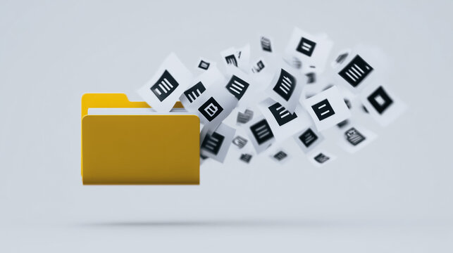 Digital Filing and Organization: An artistic representation of file management. A yellow folder holding multiple document floating in the air with a light background.