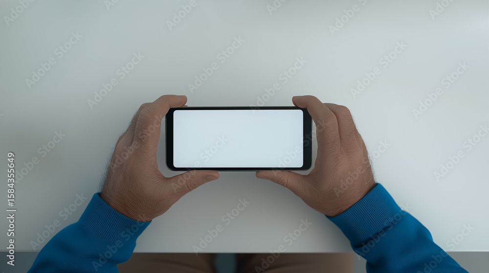 Poster smartphone in focus: a person's hands cradle a smartphone with a blank screen, set against a simple 