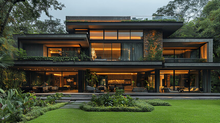 Modern luxury house exterior with large glass windows and warm interior lighting surrounded by lush green garden and trees creating peaceful atmosphere