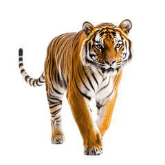 Obraz premium Tiger walking A tiger strides forward with powerful, fluid movements and tail swaying. full length isolate on transparent background