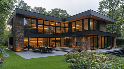 Modern house exterior with large glass windows and warm interior lighting surrounded by green lawn and garden, creating cozy and elegant atmosphere at dusk