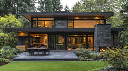 Modern house exterior with stone and wood facade surrounded by lush green garden and trees, featuring outdoor dining area and warm interior lighting creating cozy atmosphere